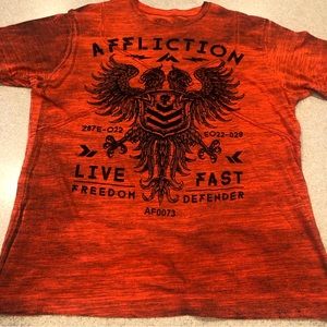 2X Affliction burntorange/red with black velvety lettering